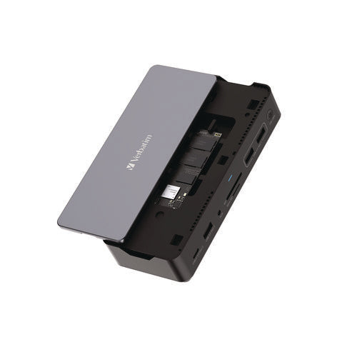 Image of Verbatim® USB-C Pro Docking Station 15-in-1 SSD Enclosure, Audio/DisplayPort/HDMI/Micro SD/NVMe/RJ45/SD/USB-A/USB-C/SATA, Gray