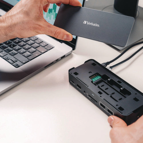 Image of Verbatim® USB-C Pro Docking Station 15-in-1 SSD Enclosure, Audio/DisplayPort/HDMI/Micro SD/NVMe/RJ45/SD/USB-A/USB-C/SATA, Gray