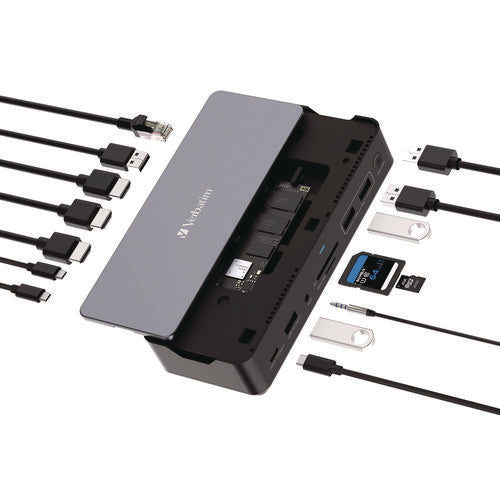 Image of Verbatim® USB-C Pro Docking Station 15-in-1 256GB Vi3000 SSD, Audio/DisplayPort/HDMI/Micro SD/RJ45/SD/USB-A/USB-C, Gray