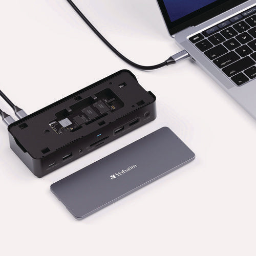 Image of Verbatim® USB-C Pro Docking Station 15-in-1 256GB Vi3000 SSD, Audio/DisplayPort/HDMI/Micro SD/RJ45/SD/USB-A/USB-C, Gray
