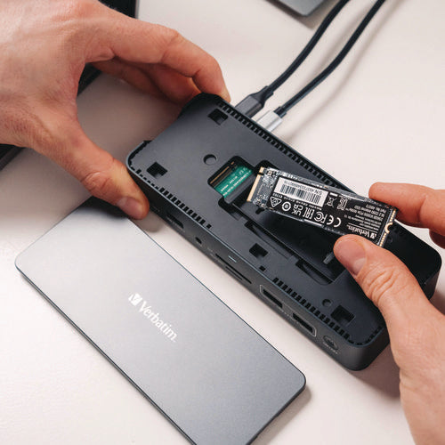 Image of Verbatim® USB-C Pro Docking Station 15-in-1 256GB Vi3000 SSD, Audio/DisplayPort/HDMI/Micro SD/RJ45/SD/USB-A/USB-C, Gray