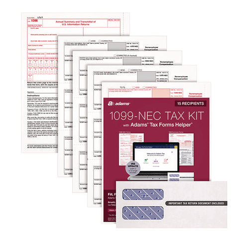 Image of Adams® 4-Part 1099-NEC Tax Form Kit with Security Envelopes and Tax Forms Helper, 2024, 8.5 x 3.66, 3 Forms/Sheet, 15 Forms Total