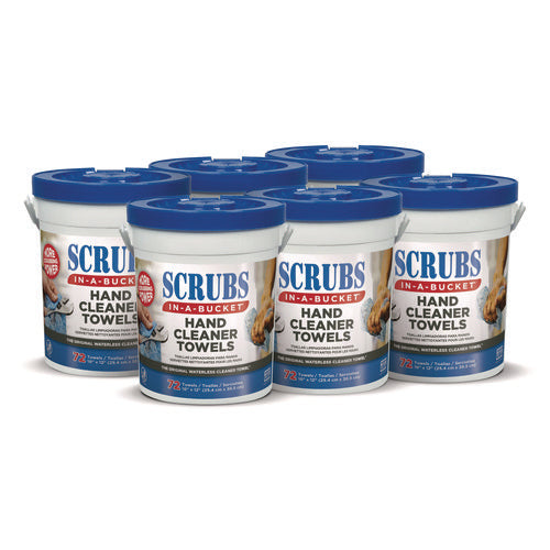 Image of SCRUBS® Hand Cleaner Towels, 1-Ply, 10 x 12, Citrus, Blue/White, 72/Bucket, 6 Buckets/Carton