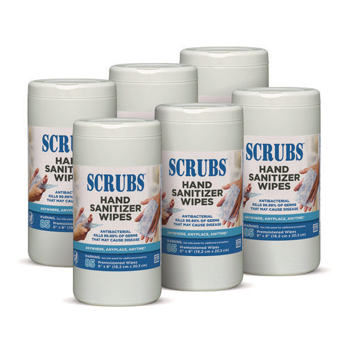 Image of SCRUBS® Hand Sanitizer Wipes, 1-Ply, 6 x 8, Unscented, Blue/White, 85/Canisters, 6 Canisters/Carton