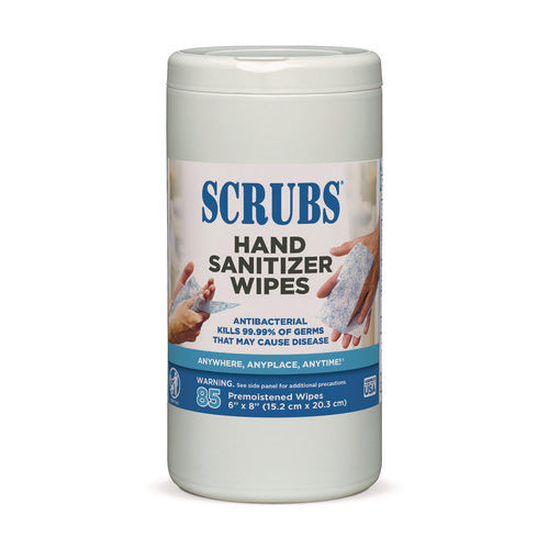 Image of SCRUBS® Hand Sanitizer Wipes, 1-Ply, 6 x 8, Unscented, Blue/White, 85/Canisters, 6 Canisters/Carton