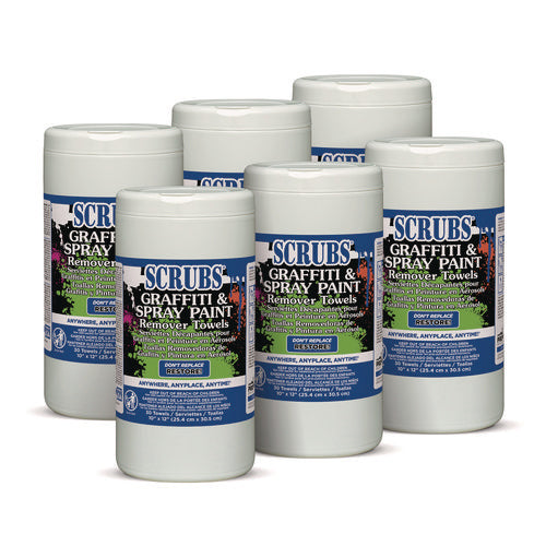 Image of SCRUBS® Graffiti and Paint Remover Towels, Citrus, 10 x 12, Neutral Scent, White/Orange, 30/Canister, 6 Canisters/Carton