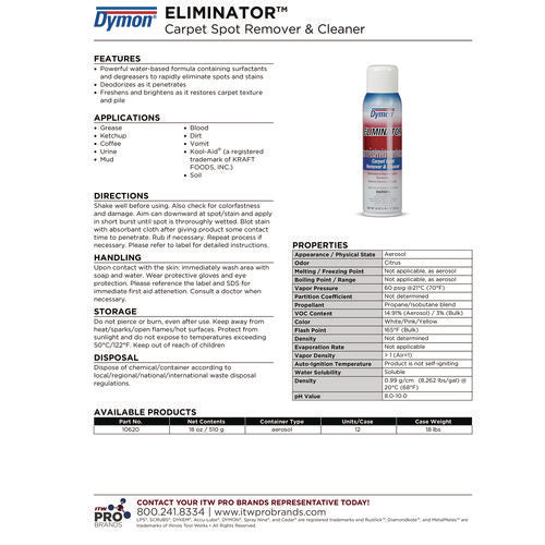 Image of Dymon® Eliminator Carpet Spot And Stain Remover, 18 Oz Aerosol Spray, 12/carton