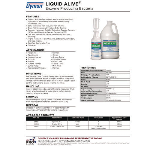Image of Dymon® Liquid Alive Enzyme Producing Bacteria, 1 Gal Bottle, 4/carton