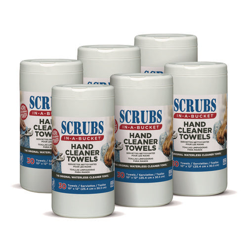 Image of SCRUBS® Hand Cleaner Towels, 1-Ply, 10 x 12, Citrus, Blue/White, 30/Canister, 6/Carton