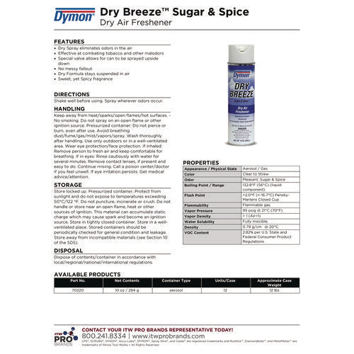 Image of Dymon® Dry Breeze Aerosol Air Freshener, Sugar And Spice, 10 Oz Aerosol Spray, 12/carton