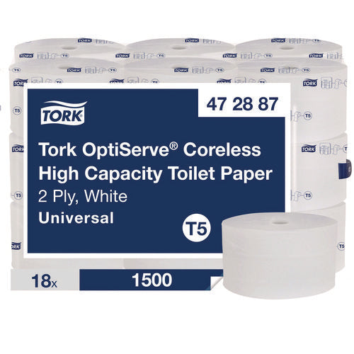 Image of Tork® OptiServe High-Capacity Coreless Toilet Paper, 2-Ply, White, 1,500 Sheets, 18 Rolls/Carton