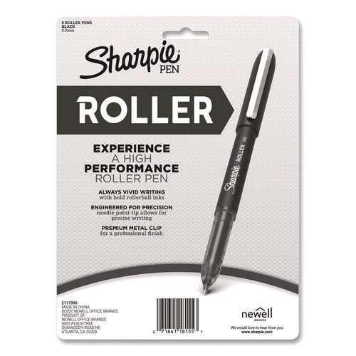Image of Sharpie® Roller Professional Design Rollerball Pen, Stick, Fine 0.5 mm, Black Ink, Black Barrel, 8/Pack