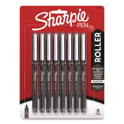 Image of Sharpie® Roller Professional Design Rollerball Pen, Stick, Fine 0.5 mm, Black Ink, Black Barrel, 8/Pack