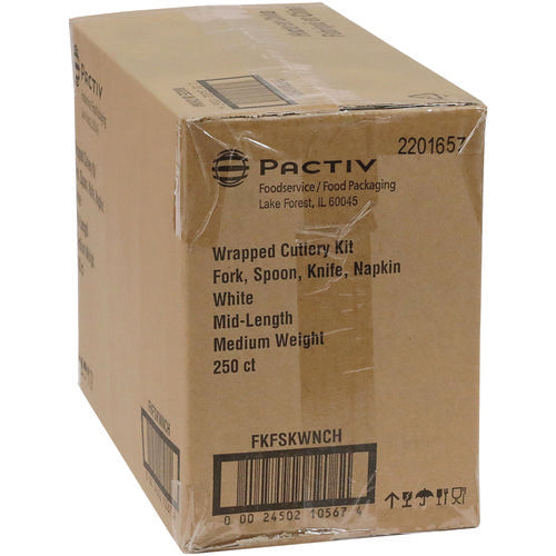 Image of Pactiv Evergreen Fieldware Cutlery Kit, Individually Wrapped, Mediumweight, Fork/Knife/Napkin/Spoon, Plastic, White, 250/Carton