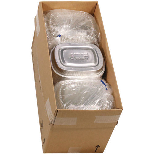 Image of Pactiv Evergreen Classic Carry-Out Container with PET Dome Lid, 22 oz, 8.2 x 6.2 x 1.3, Silver/Clear, Aluminum, 100/Carton