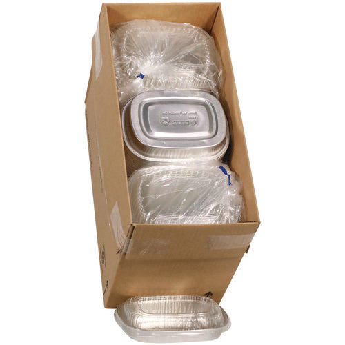 Image of Pactiv Evergreen Classic Carry-Out Container with PET Dome Lid, 22 oz, 8.2 x 6.2 x 1.3, Silver/Clear, Aluminum, 100/Carton