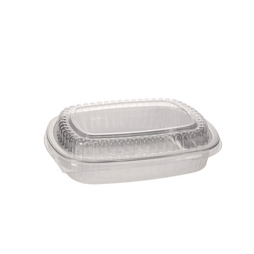 Image of Pactiv Evergreen Classic Carry-Out Container with PET Dome Lid, 46 oz, 9.8 x 7.8 x 1.3, Silver/Clear, Aluminum, 50/Carton