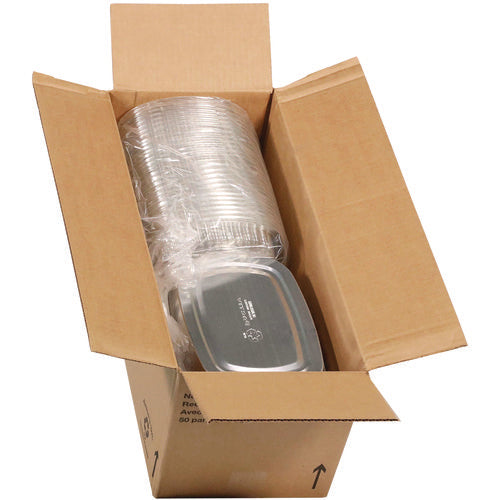 Image of Pactiv Evergreen Classic Carry-Out Container with PET Dome Lid, 46 oz, 9.8 x 7.8 x 1.3, Silver/Clear, Aluminum, 50/Carton