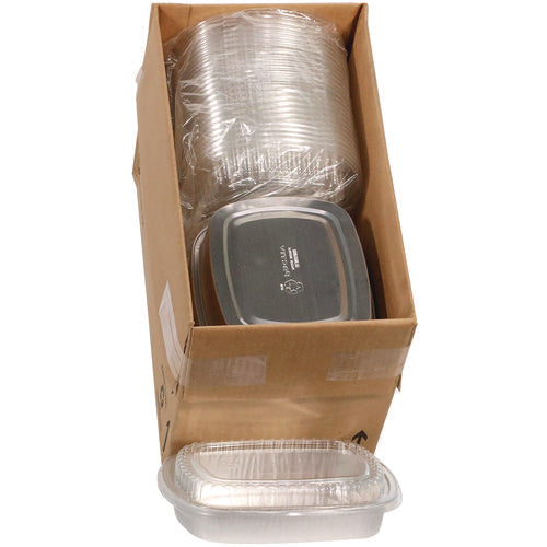 Image of Pactiv Evergreen Classic Carry-Out Container with PET Dome Lid, 46 oz, 9.8 x 7.8 x 1.3, Silver/Clear, Aluminum, 50/Carton