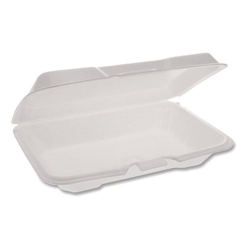 Image of Pactiv Evergreen Conventional Foam Hinged Lid Container, Very Shallow, 9 x 6.5 x 1.3, White, 150/Carton