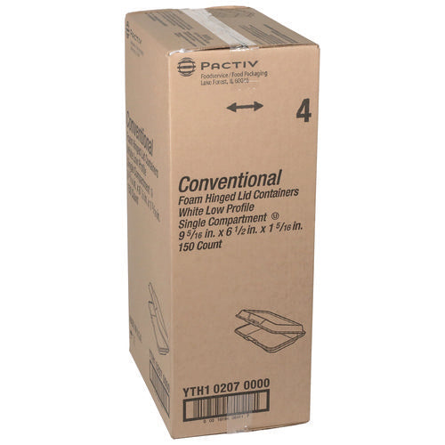 Image of Pactiv Evergreen Conventional Foam Hinged Lid Container, Very Shallow, 9 x 6.5 x 1.3, White, 150/Carton