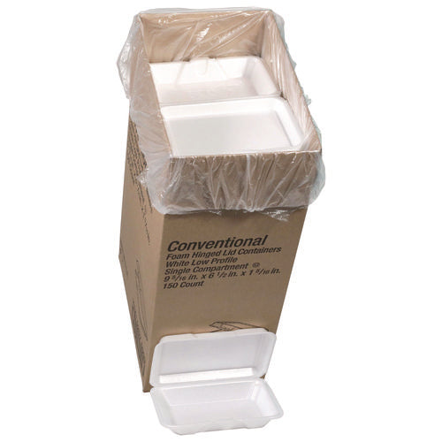 Image of Pactiv Evergreen Conventional Foam Hinged Lid Container, Very Shallow, 9 x 6.5 x 1.3, White, 150/Carton