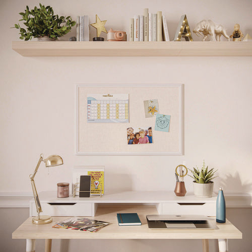 Image of U Brands Linen Bulletin Board with Decor Frame, 30" x 20", Tan Surface, White Wood Frame