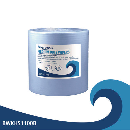 Image of Boardwalk® Hydrospun Wipers, Medium Duty, 12 x 12, Blue, 1,100/Roll