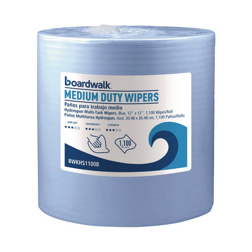 Image of Boardwalk® Hydrospun Wipers, Medium Duty, 12 x 12, Blue, 1,100/Roll