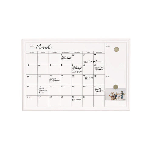 Image of U Brands Magnetic Dry Erase Calendar with Decor Frame, Monthly Planning/Scheduling, 30" x 20", White Surface, White Wood Frame