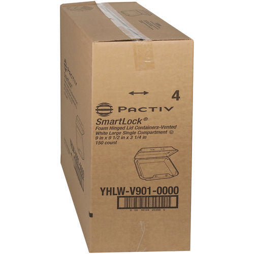Image of Pactiv Evergreen SmartLock Vented Foam Hinged Lid Container, 9 x 9.5 x 3.3, White, 150/Carton