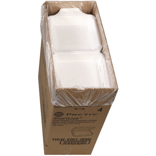 Image of Pactiv Evergreen SmartLock Vented Foam Hinged Lid Container, 9 x 9.5 x 3.3, White, 150/Carton