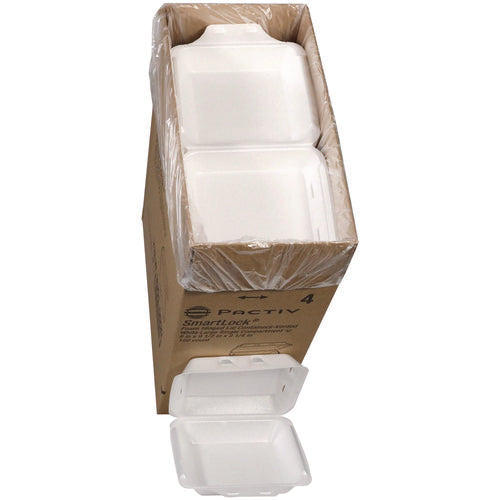Image of Pactiv Evergreen SmartLock Vented Foam Hinged Lid Container, 9 x 9.5 x 3.3, White, 150/Carton
