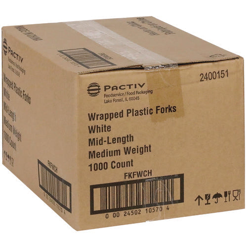 Image of Pactiv Evergreen Fieldware Cutlery, Individually Wrapped, Mediumweight Fork, Plastic, White, 1,000/Carton