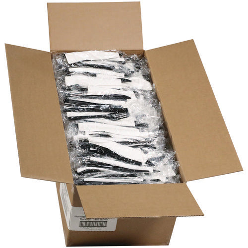 Image of Pactiv Evergreen Gardenware Cutlery Kit, Individually Wrapped, Heavyweight, Fork/Knife/Napkin, Plastic, Black, 500/Carton