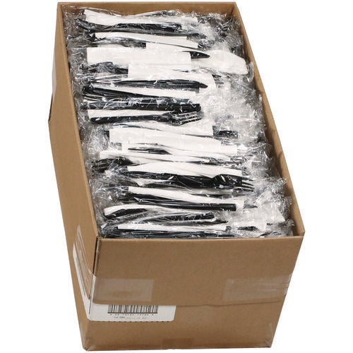 Image of Pactiv Evergreen Gardenware Cutlery Kit, Individually Wrapped, Heavyweight, Fork/Knife/Napkin, Plastic, Black, 500/Carton