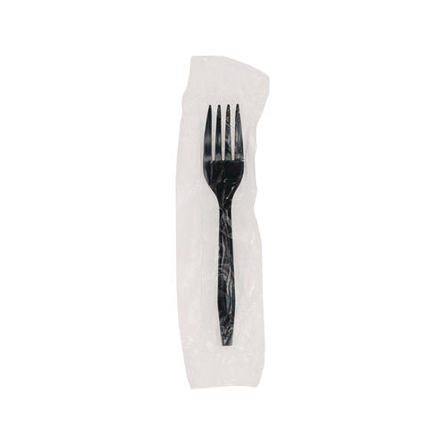 Image of Pactiv Evergreen Meadoware Cutlery, Individually Wrapped, Medium Heavyweight Fork, Plastic, Black, 1,000/Carton