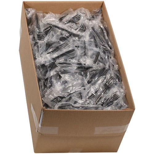 Image of Pactiv Evergreen Meadoware Cutlery, Individually Wrapped, Medium Heavyweight Fork, Plastic, Black, 1,000/Carton