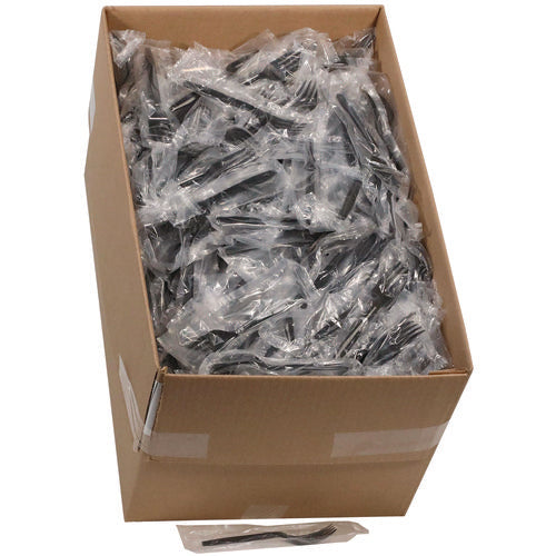 Image of Pactiv Evergreen Meadoware Cutlery, Individually Wrapped, Medium Heavyweight Fork, Plastic, Black, 1,000/Carton