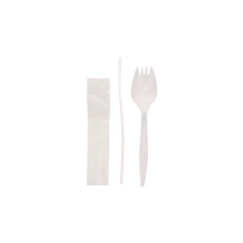 Image of Pactiv Evergreen Fieldware Cutlery Kit, Mediumweight, Napkin/Spork/Straw, Plastic, White, 1,000/Carton
