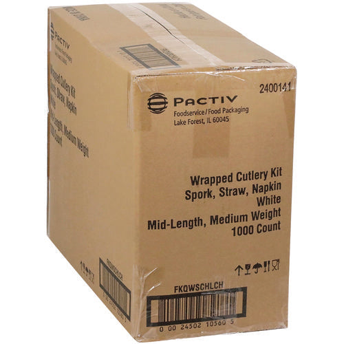 Image of Pactiv Evergreen Fieldware Cutlery Kit, Mediumweight, Napkin/Spork/Straw, Plastic, White, 1,000/Carton