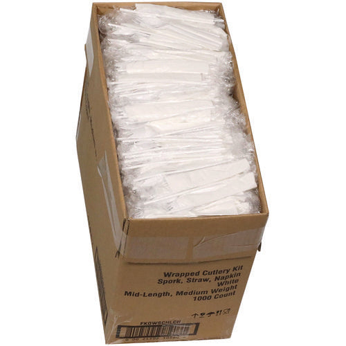 Image of Pactiv Evergreen Fieldware Cutlery Kit, Mediumweight, Napkin/Spork/Straw, Plastic, White, 1,000/Carton