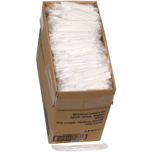 Image of Pactiv Evergreen Fieldware Cutlery Kit, Mediumweight, Napkin/Spork/Straw, Plastic, White, 1,000/Carton