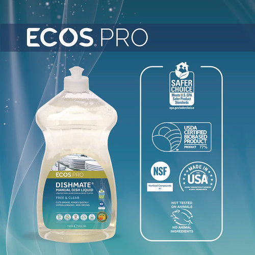 Image of ECOS® PRO Dishmate Manual Dish Liquid, Free and Clear, 25 oz Squeeze Bottle, 6/Carton