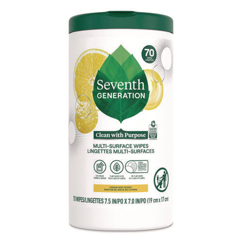 Image of Seventh Generation® Multi-Surface Wipes, 7 x 7, Lemon Zest, White, 70 Wipes/Canister, 6/Carton