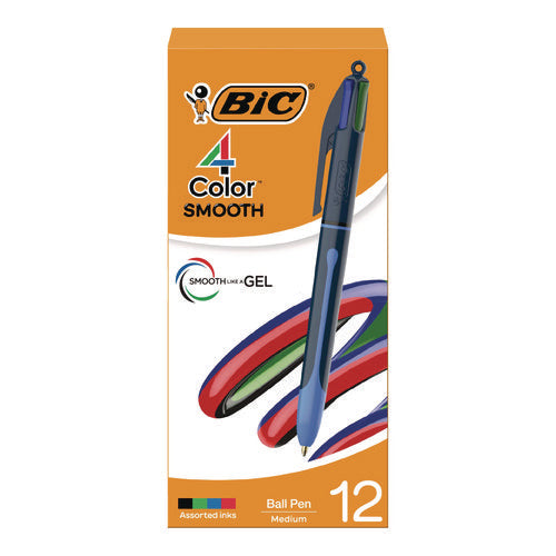 Image of BIC® 4-Color Smooth Multi-Color Ballpoint Pen, Retractable, Medium 1 mm, Black/Blue/Green/Red Ink, Black/Blue Barrel, 12/Pack