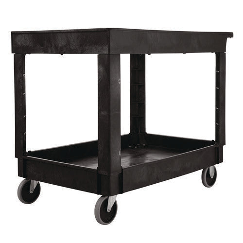 Image of Rubbermaid® Commercial Heavy-Duty Utility Cart with Lipped Shelves, Plastic, 2 Shelves, 500 lb Capacity, 25.78" x 45.25" x 33.25", Black