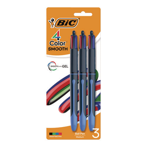 Image of BIC® 4-Color Smooth Multi-Color Ballpoint Pen, Retractable, Medium 1 mm, Black/Blue/Green/Red Ink, Black/Blue Barrel, 3/Pack