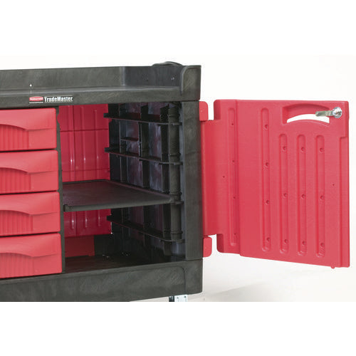 Image of Rubbermaid® Commercial TradeMaster Cart with One Door, Plastic, 3 Shelves, 4 Drawers, 750 lb Capacity, 26.25" x 49" x 38", Black
