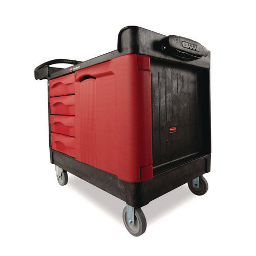 Image of Rubbermaid® Commercial TradeMaster Cart with One Door, Plastic, 3 Shelves, 4 Drawers, 750 lb Capacity, 26.25" x 49" x 38", Black